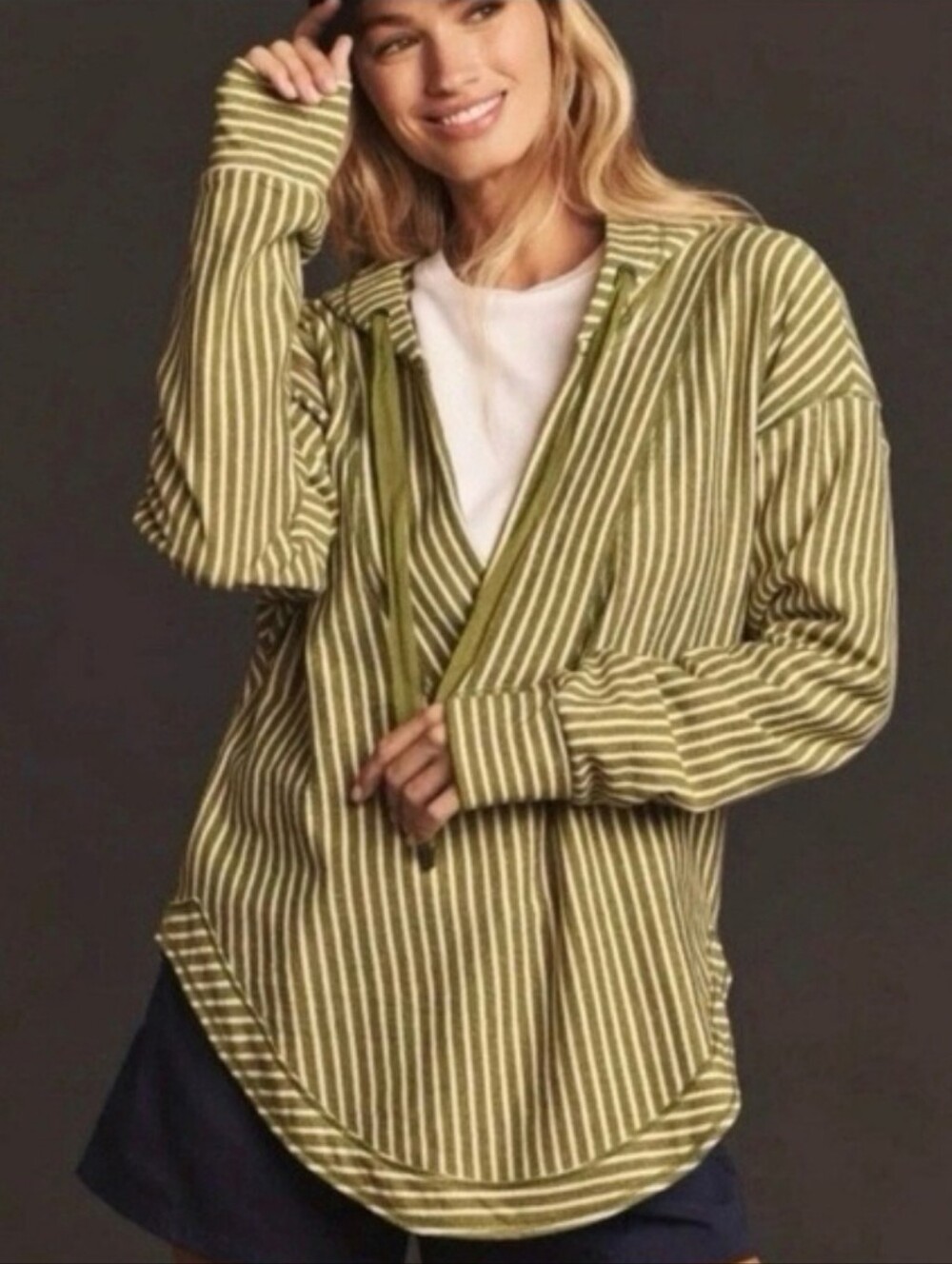 Pilcro‎ Top Hoodie Striped Olive Green V Neck